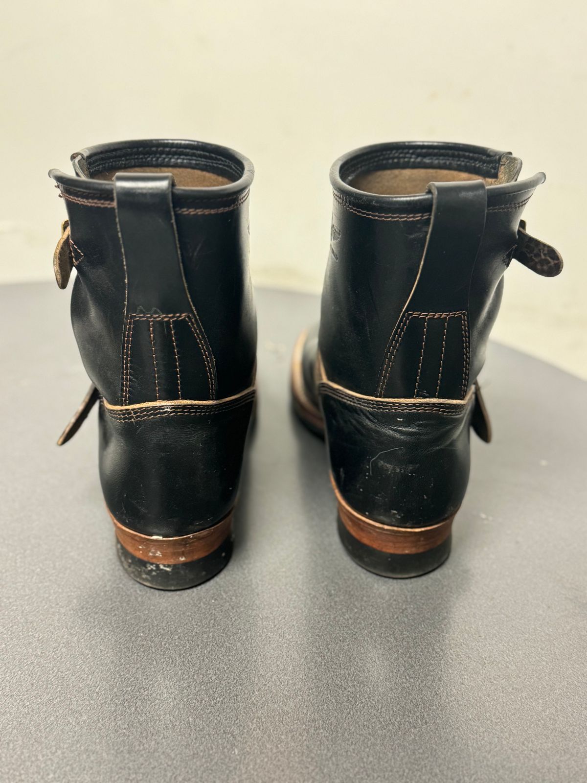 Photo by jimtigerbelly on November 3, 2023 of the The Flat Head Engineer Boots in Black Japanese Cordovan Horsehide.
