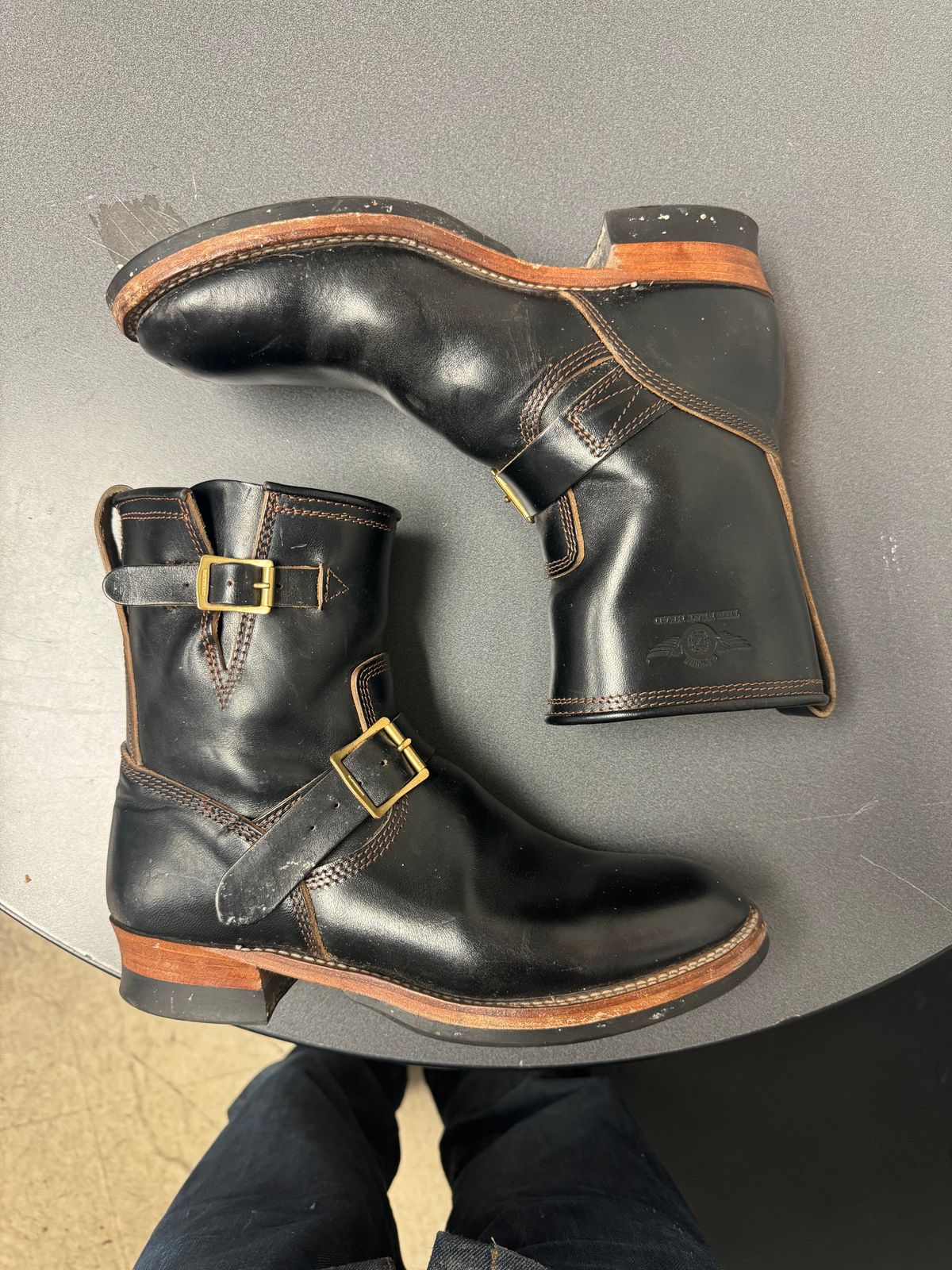 Photo by jimtigerbelly on November 3, 2023 of the The Flat Head Engineer Boots in Black Japanese Cordovan Horsehide.