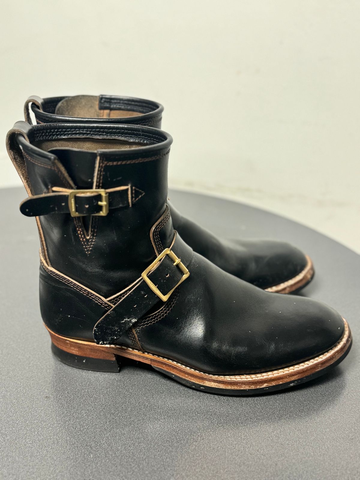 Photo by jimtigerbelly on November 3, 2023 of the The Flat Head Engineer Boots in Black Japanese Cordovan Horsehide.