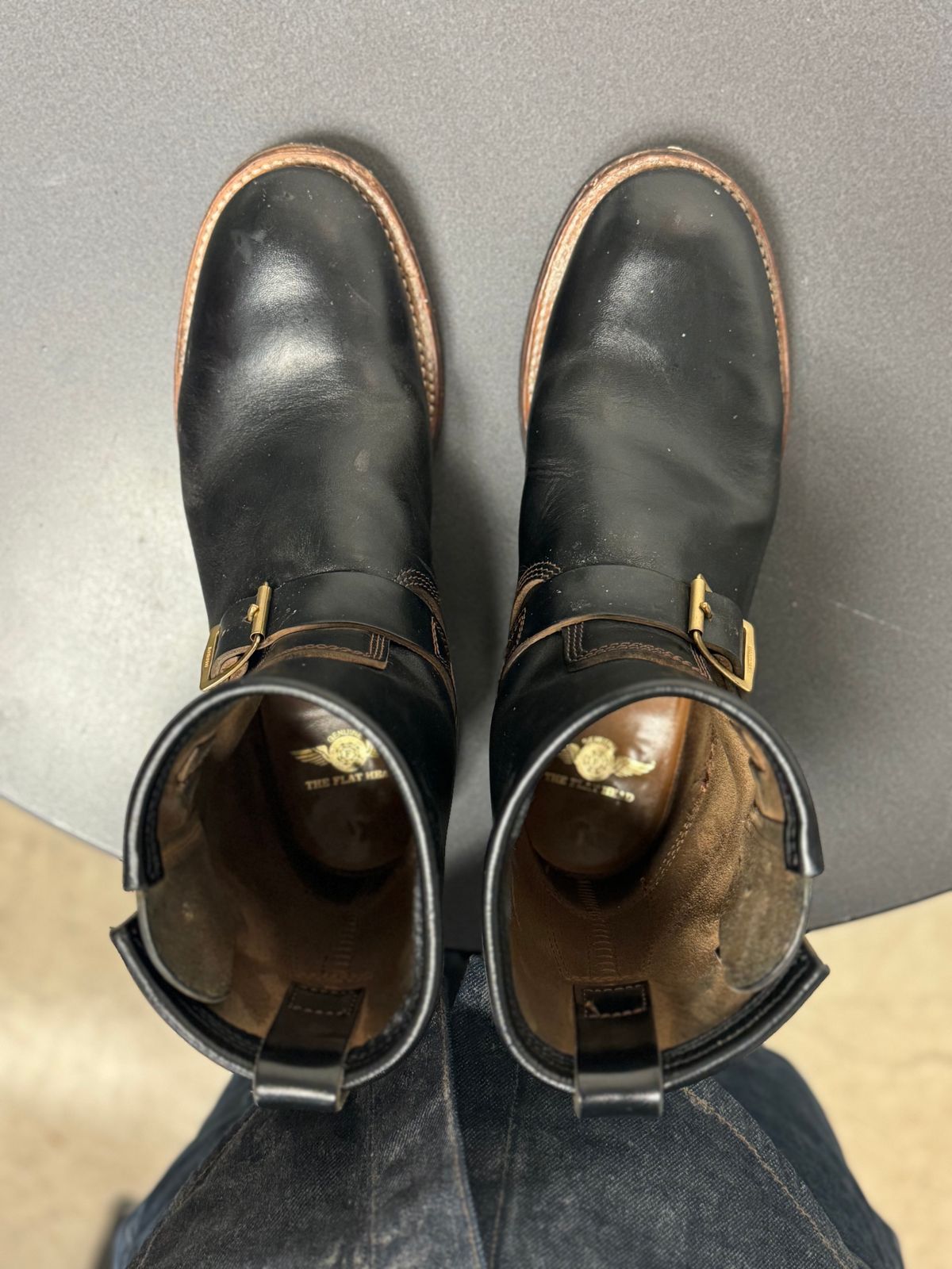 Photo by jimtigerbelly on November 3, 2023 of the The Flat Head Engineer Boots in Black Japanese Cordovan Horsehide.