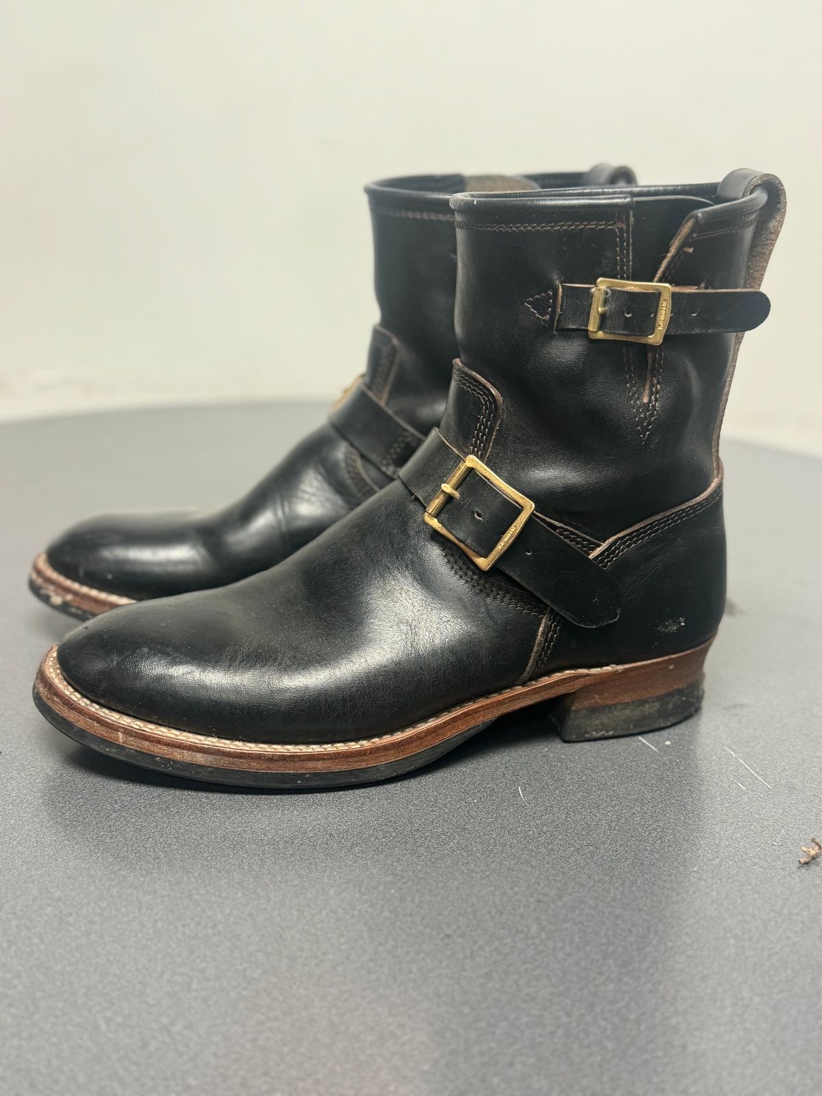 Photo by jimtigerbelly on December 1, 2023 of the The Flat Head Engineer Boots in Black Japanese Cordovan Horsehide.