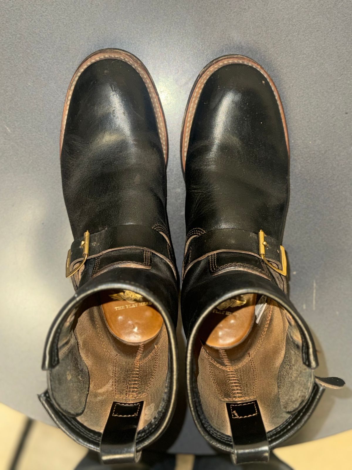 Photo by jimtigerbelly on December 1, 2023 of the The Flat Head Engineer Boots in Black Japanese Cordovan Horsehide.