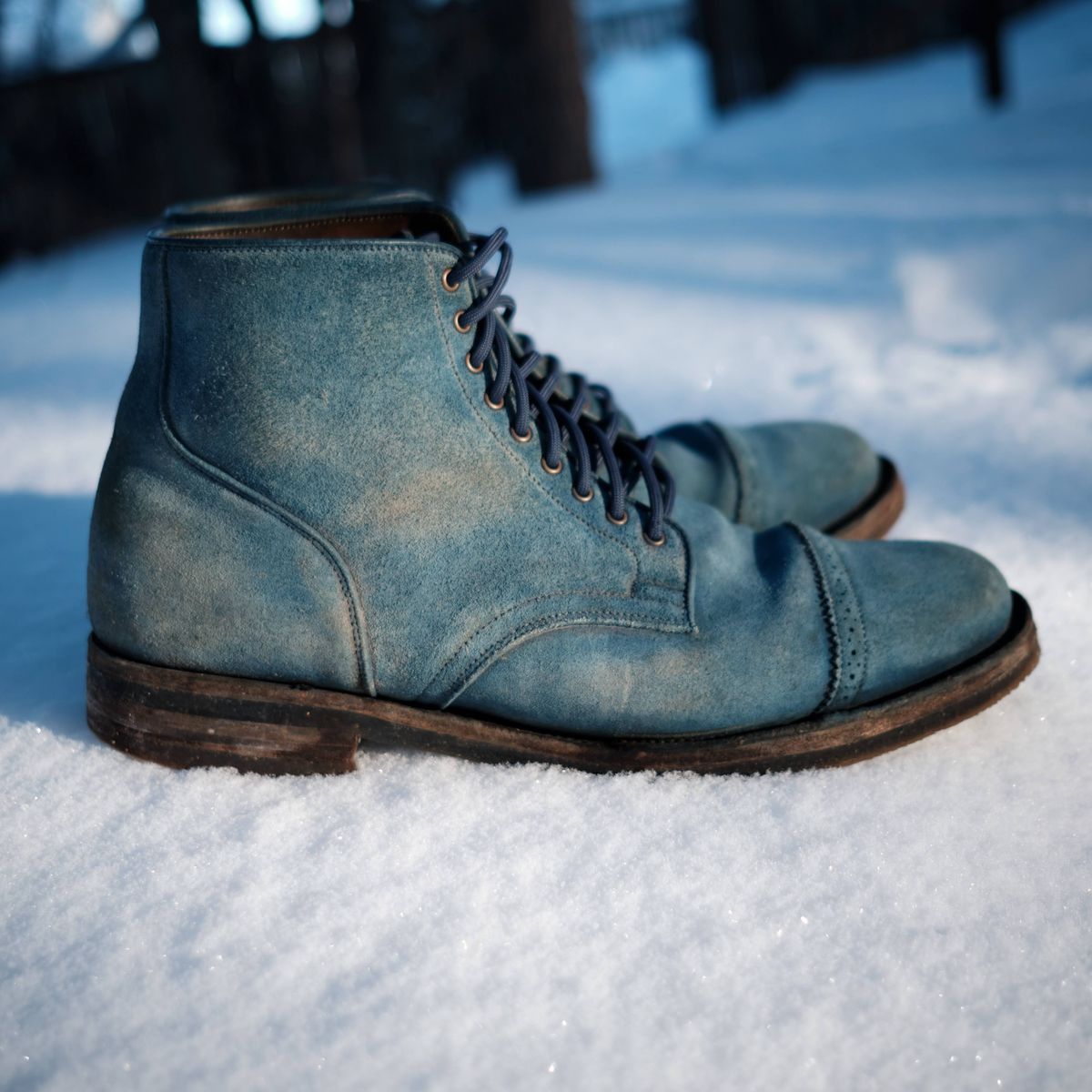 Photo by YukonSelvedge on February 1, 2026 of the Viberg Service Boot in C.F. Stead Milkshake Calf Suede & indigo dyed C.F. Stead Milkshake suede.