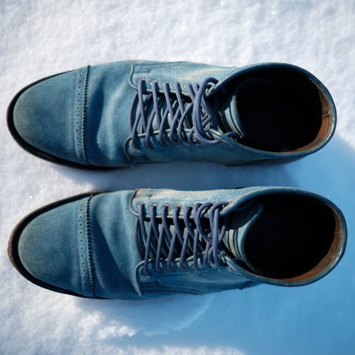 Photo by YukonSelvedge on February 1, 2026 of the Viberg Service Boot in C.F. Stead Milkshake Calf Suede & indigo dyed C.F. Stead Milkshake suede.