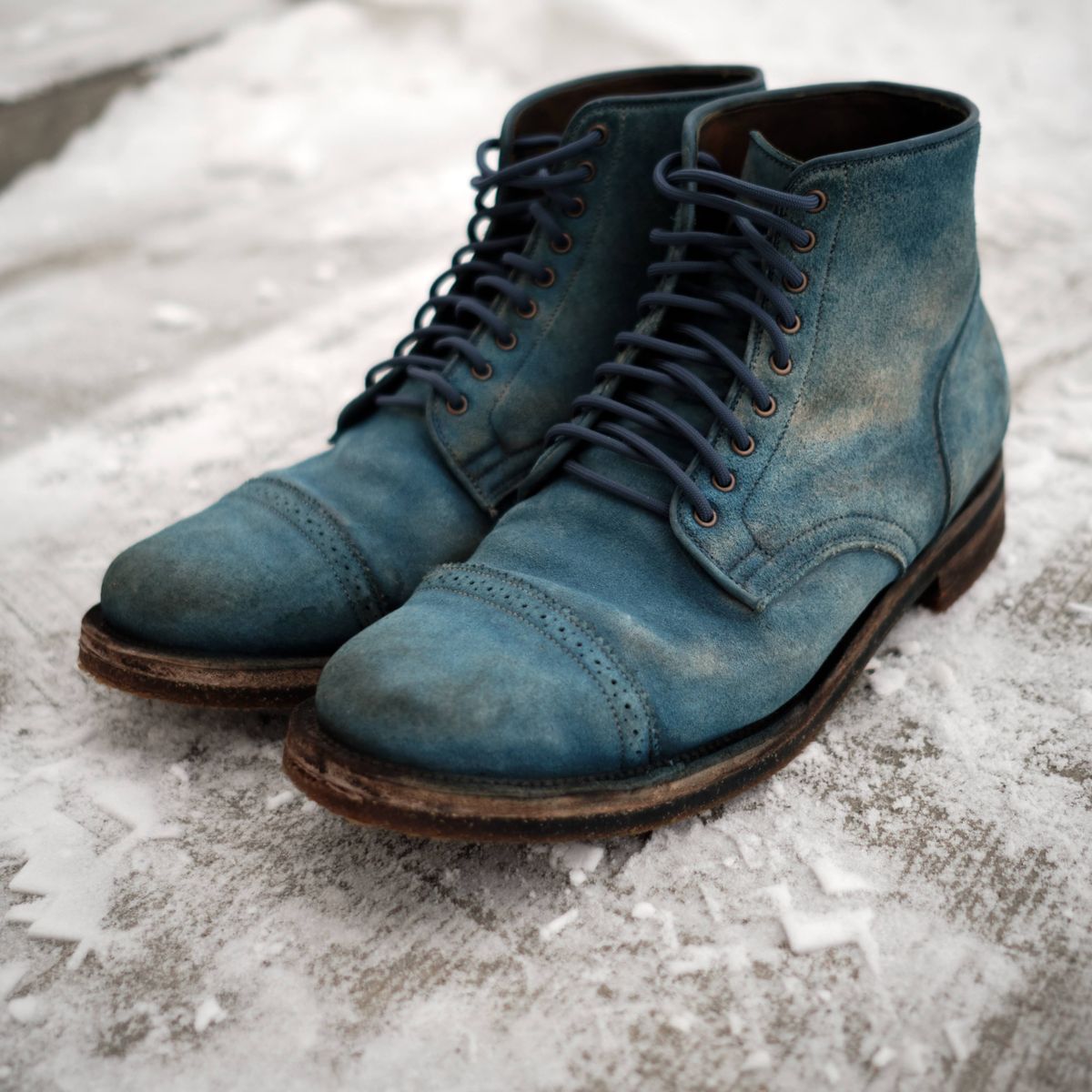 Photo by YukonSelvedge on February 24, 2026 of the Viberg Service Boot in C.F. Stead Milkshake Calf Suede & indigo dyed C.F. Stead Milkshake suede.