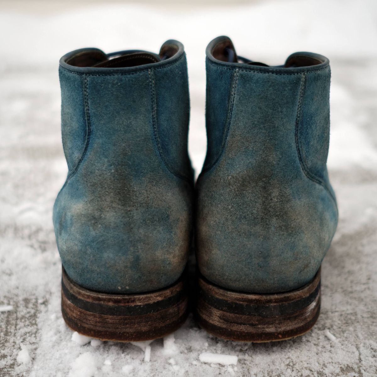 Photo by YukonSelvedge on February 24, 2026 of the Viberg Service Boot in C.F. Stead Milkshake Calf Suede & indigo dyed C.F. Stead Milkshake suede.