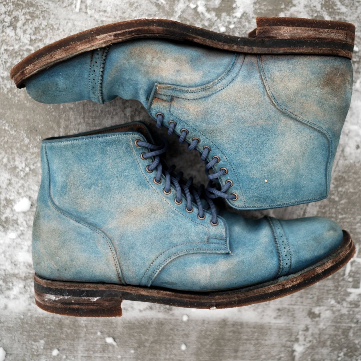 Photo by YukonSelvedge on February 24, 2026 of the Viberg Service Boot in C.F. Stead Milkshake Calf Suede & indigo dyed C.F. Stead Milkshake suede.