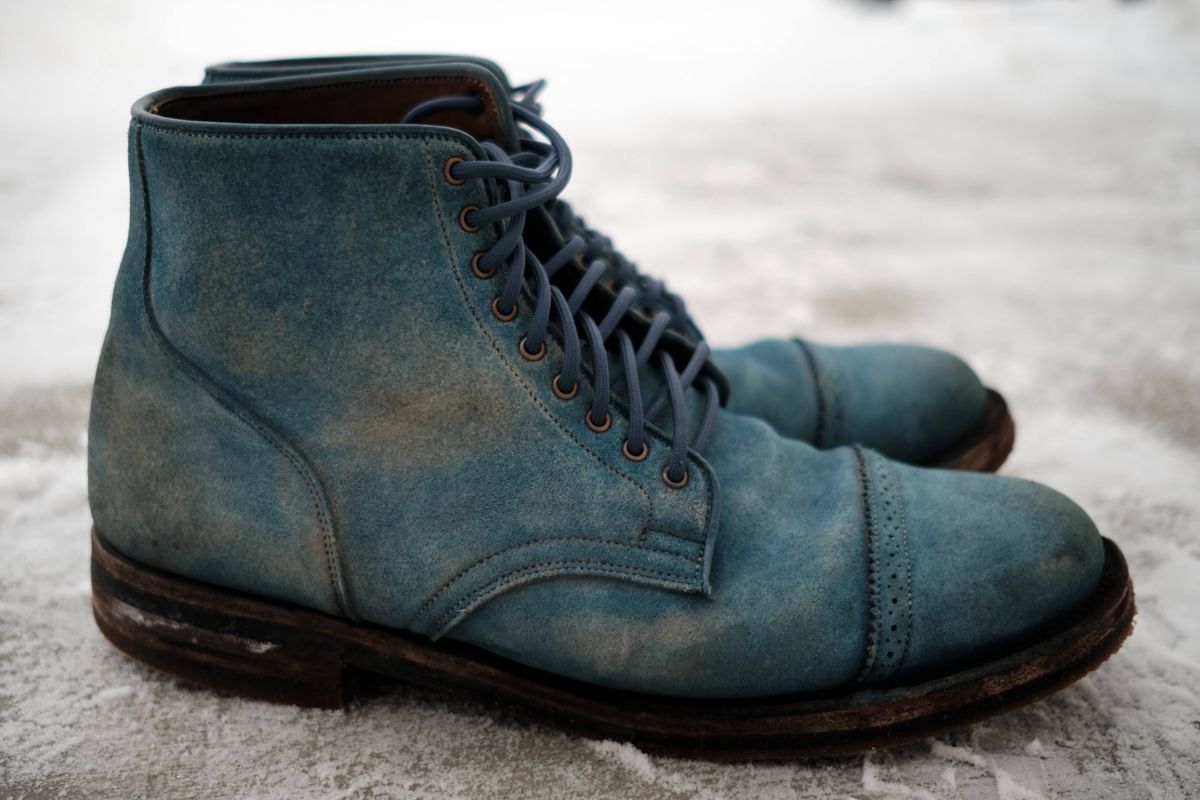 Photo by YukonSelvedge on February 24, 2026 of the Viberg Service Boot in C.F. Stead Milkshake Calf Suede & indigo dyed C.F. Stead Milkshake suede.