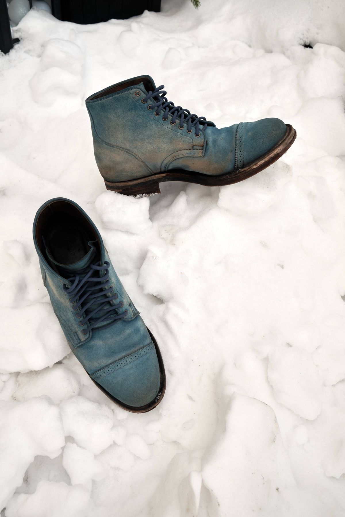Photo by YukonSelvedge on April 3, 2026 of the Viberg Service Boot in C.F. Stead Milkshake Calf Suede & indigo dyed C.F. Stead Milkshake suede.