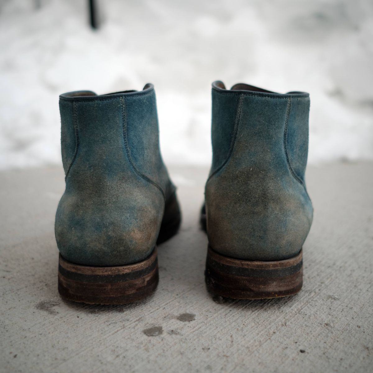 Photo by YukonSelvedge on April 3, 2026 of the Viberg Service Boot in C.F. Stead Milkshake Calf Suede & indigo dyed C.F. Stead Milkshake suede.
