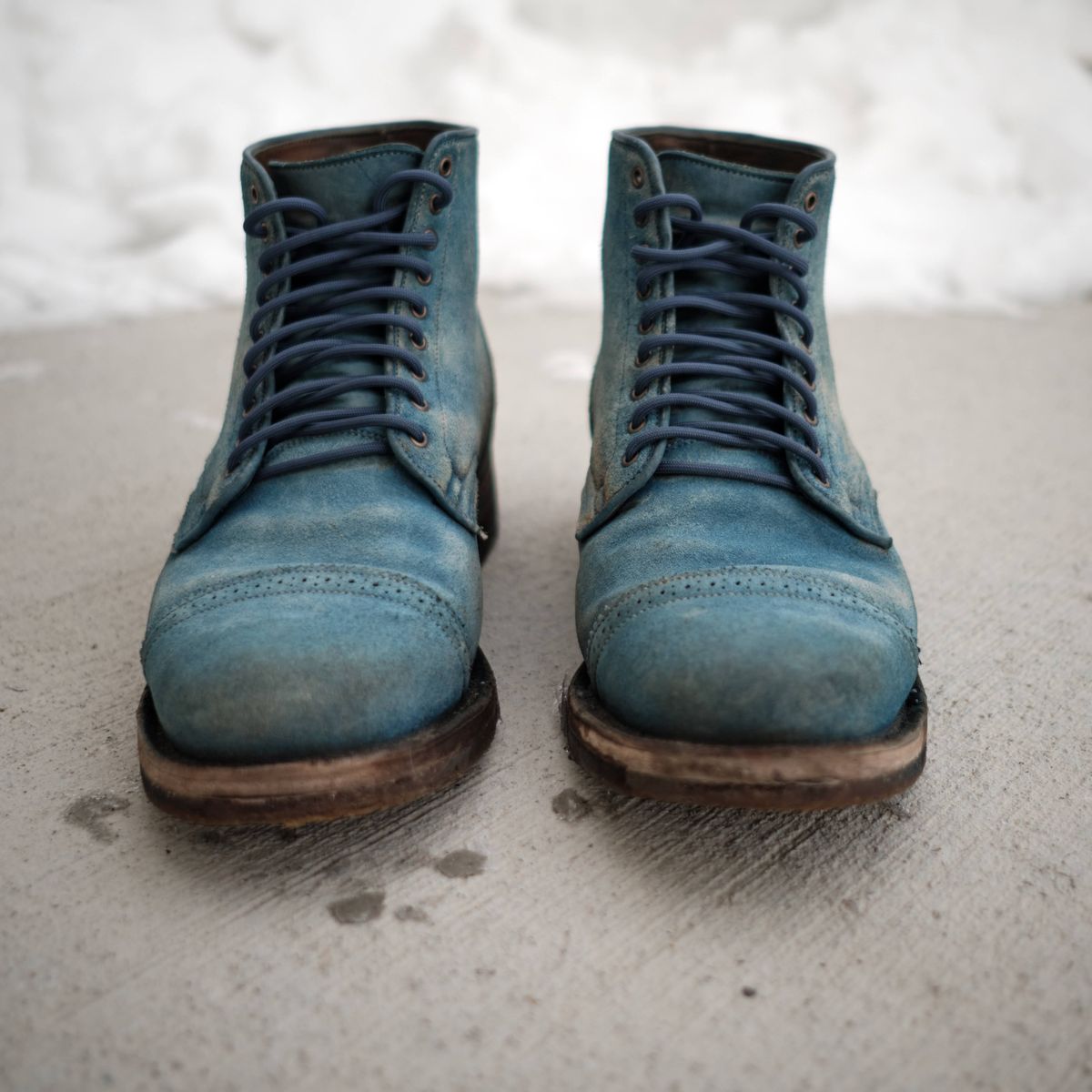 Photo by YukonSelvedge on April 3, 2026 of the Viberg Service Boot in C.F. Stead Milkshake Calf Suede & indigo dyed C.F. Stead Milkshake suede.