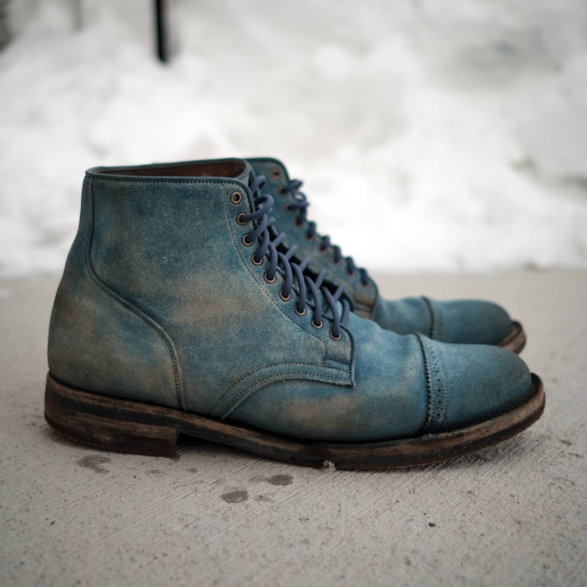 Photo by YukonSelvedge on April 3, 2026 of the Viberg Service Boot in C.F. Stead Milkshake Calf Suede & indigo dyed C.F. Stead Milkshake suede.