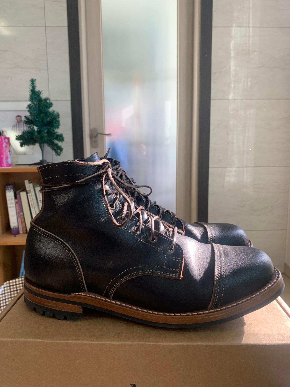 Photo by eggieman on November 5, 2024 of the Truman Cap Toe Boot in Horween Black Waxed Flesh.