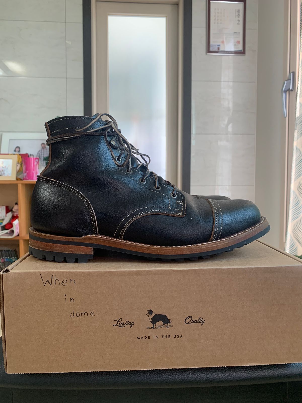 Photo by eggieman on November 5, 2024 of the Truman Cap Toe Boot in Horween Black Waxed Flesh.