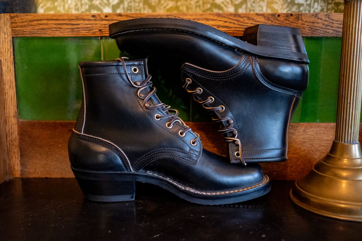 Photo by ccasenhiser on October 5, 2025 of the Nicks Nicks's x Nobleman’s Apothacary Maverick Boot in Horween Black Chromexcel.