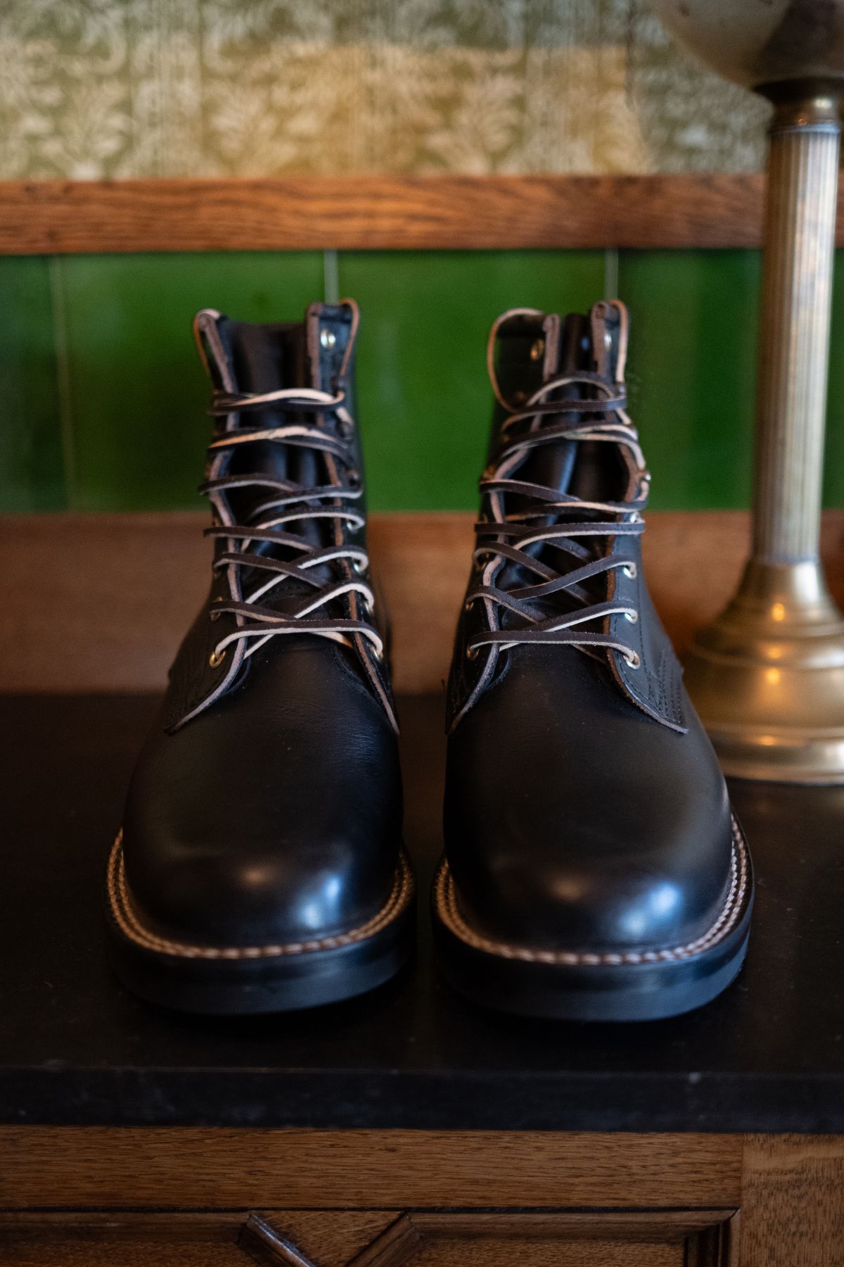 Photo by ccasenhiser on October 5, 2025 of the Nicks Nicks's x Nobleman’s Apothacary Maverick Boot in Horween Black Chromexcel.