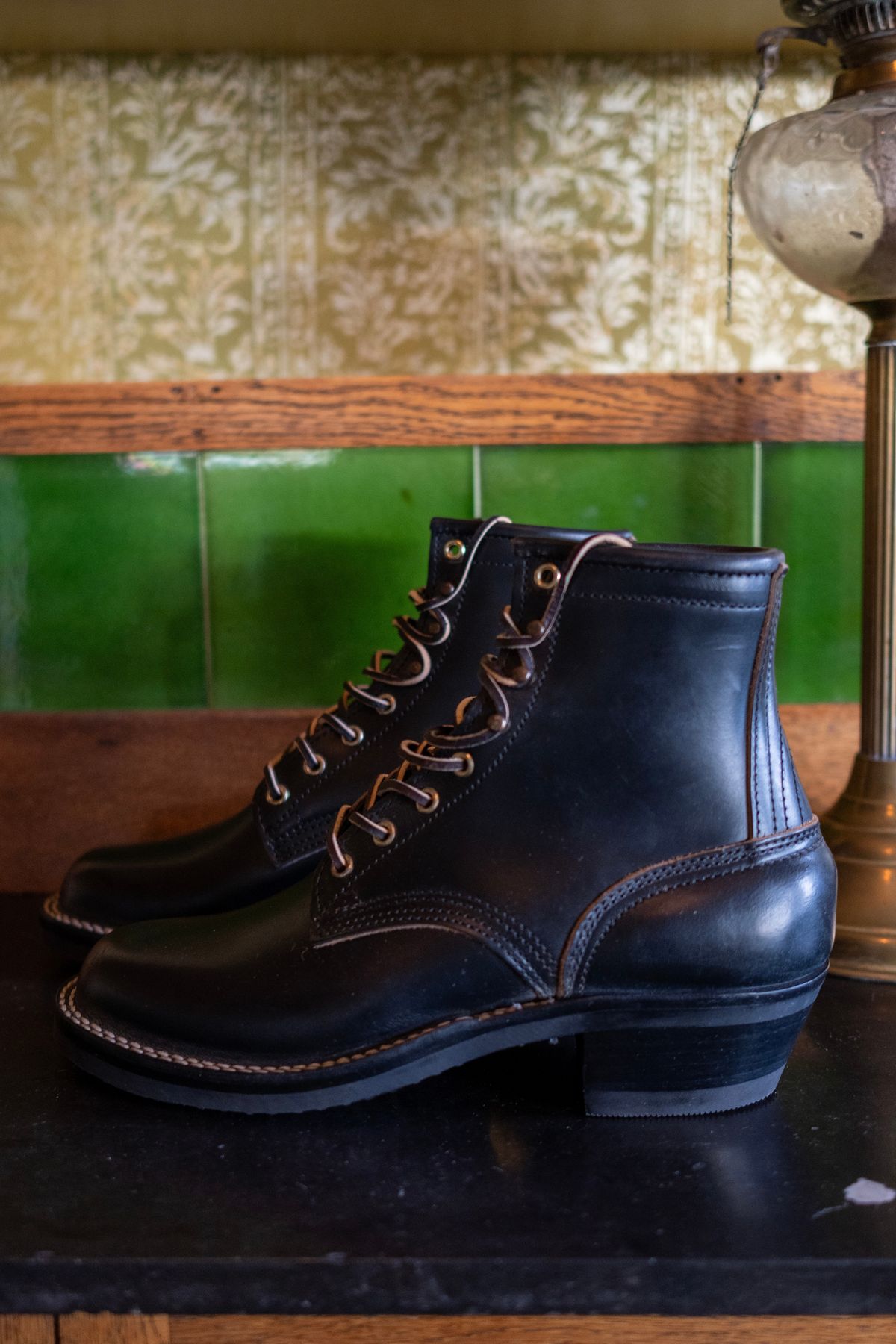 Photo by ccasenhiser on October 5, 2025 of the Nicks Nicks's x Nobleman’s Apothacary Maverick Boot in Horween Black Chromexcel.