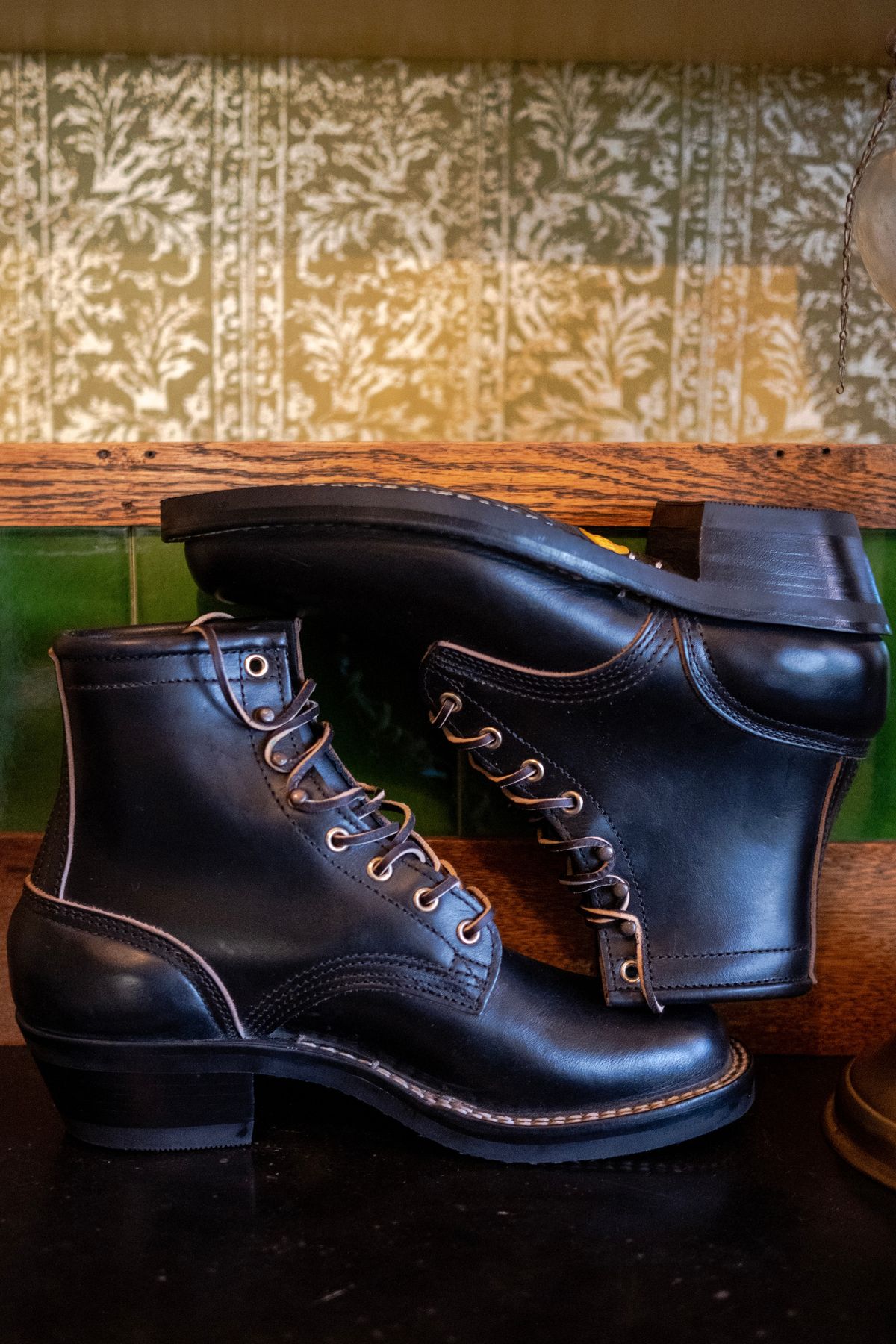 Photo by ccasenhiser on October 5, 2025 of the Nicks Nicks's x Nobleman’s Apothacary Maverick Boot in Horween Black Chromexcel.