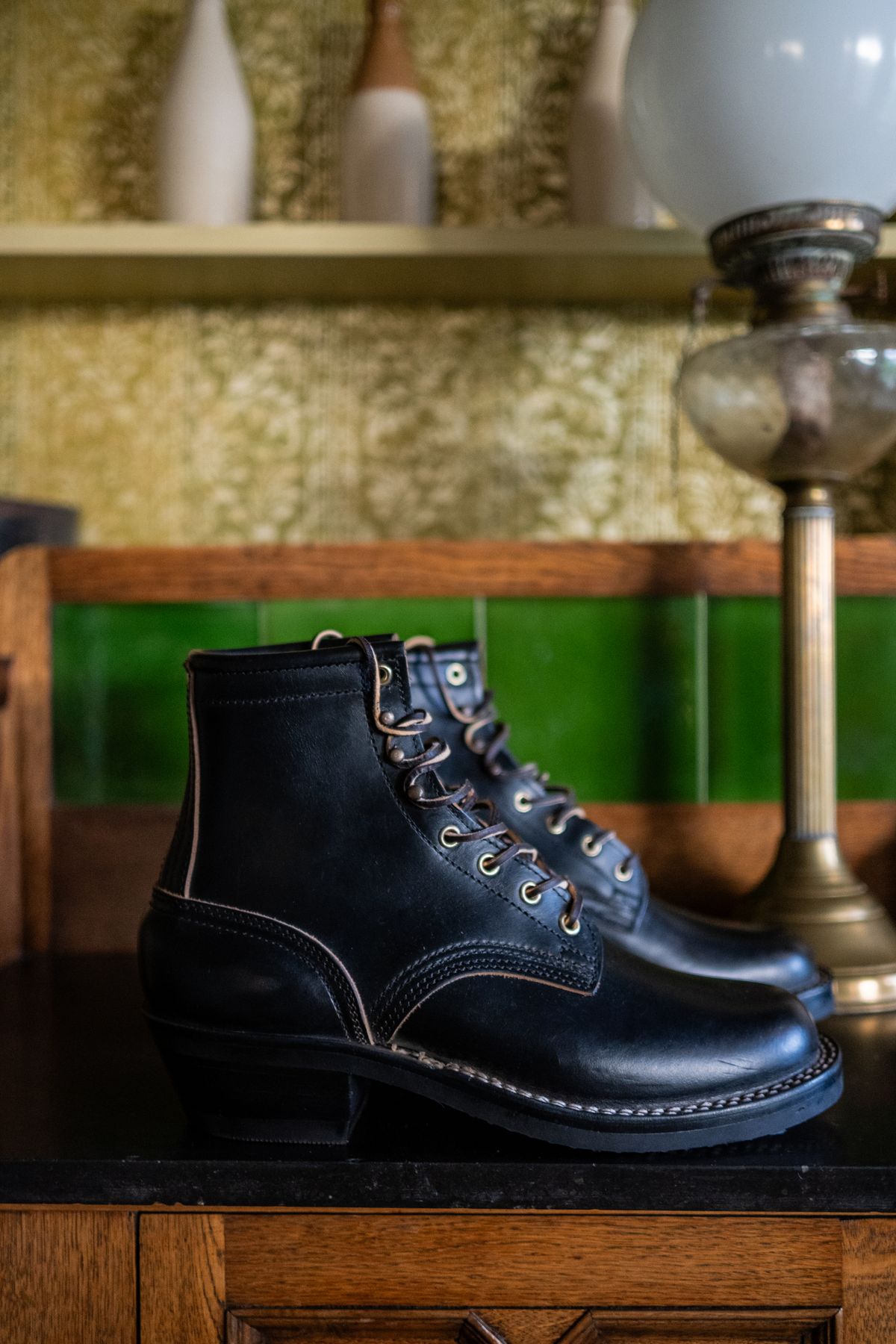 Photo by ccasenhiser on October 5, 2025 of the Nicks Nicks's x Nobleman’s Apothacary Maverick Boot in Horween Black Chromexcel.