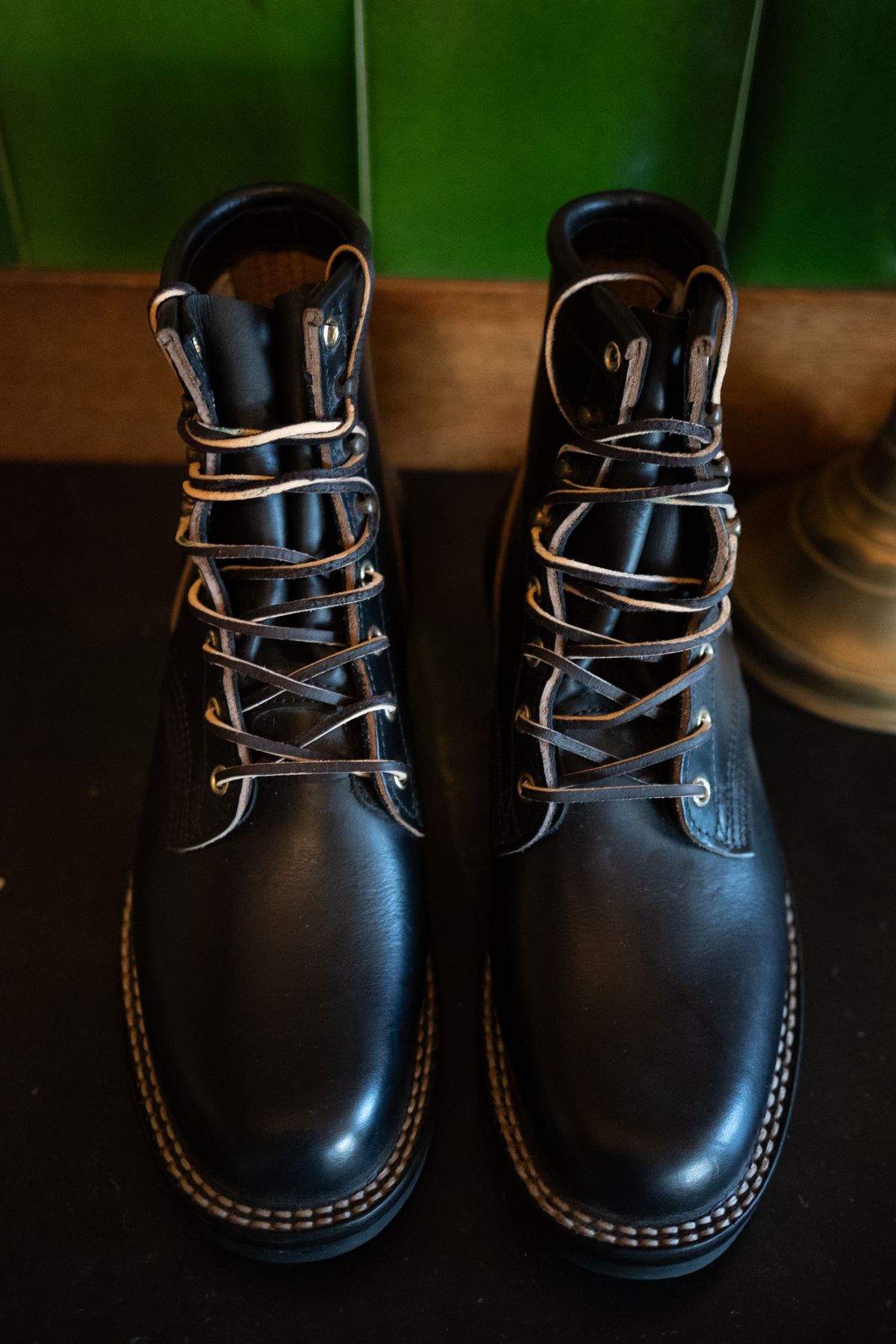 Photo by ccasenhiser on October 5, 2025 of the Nicks Nicks's x Nobleman’s Apothacary Maverick Boot in Horween Black Chromexcel.