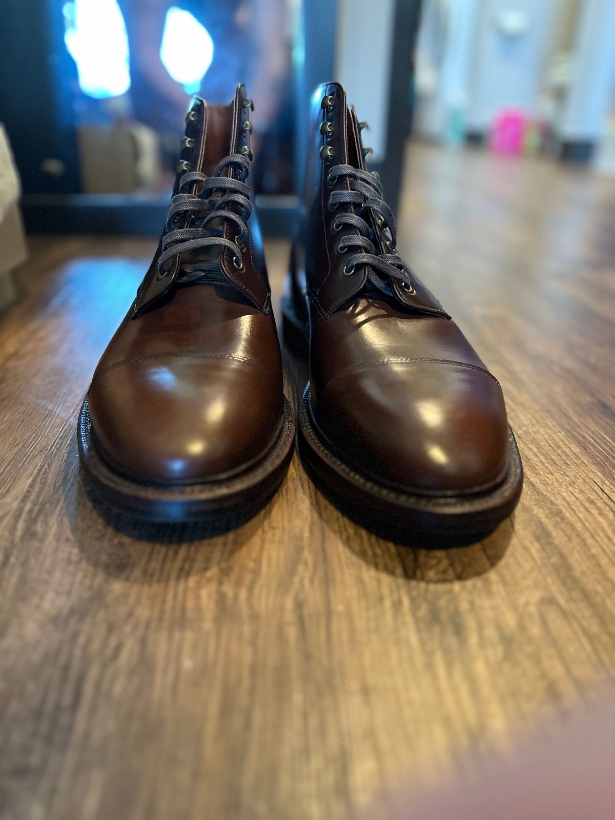 Photo by _cryptid_jack on October 1, 2023 of the Grant Stone Cap Toe Boot in Horween Crimson Chromexcel.
