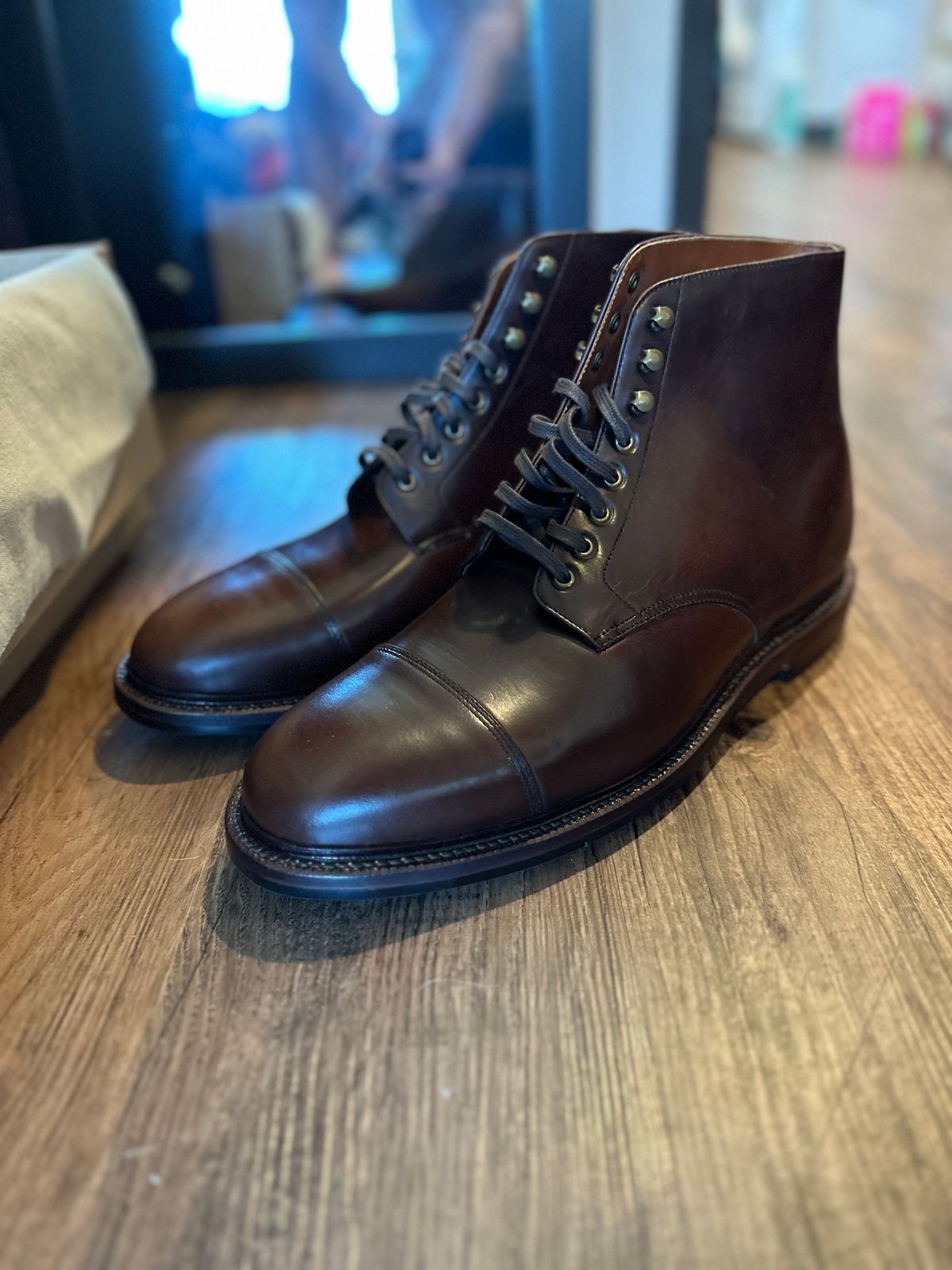 Photo by _cryptid_jack on October 1, 2023 of the Grant Stone Cap Toe Boot in Horween Crimson Chromexcel.