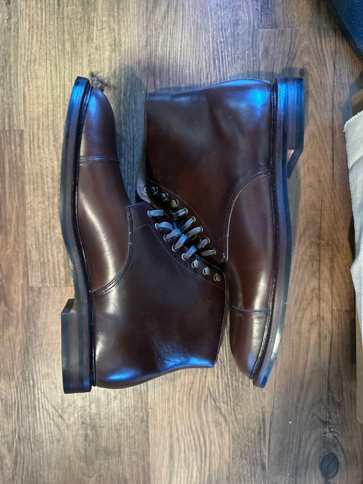 Photo by _cryptid_jack on October 1, 2023 of the Grant Stone Cap Toe Boot in Horween Crimson Chromexcel.