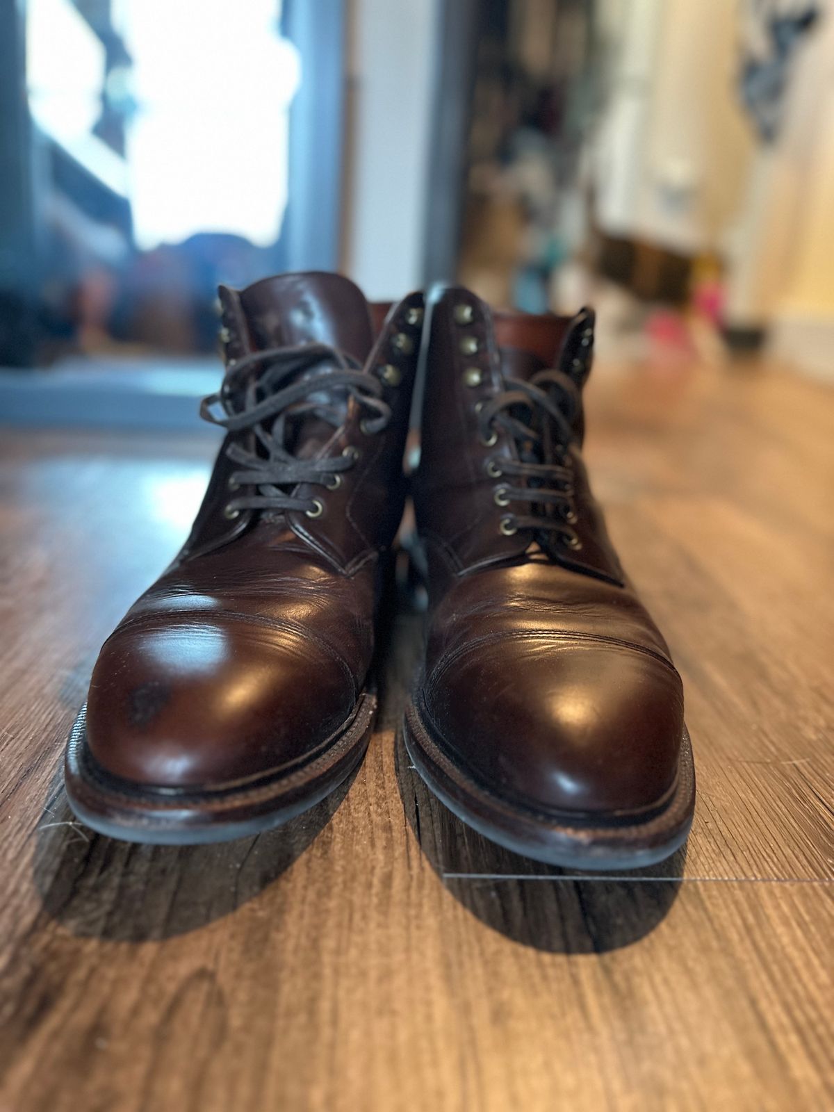 Photo by _cryptid_jack on November 1, 2023 of the Grant Stone Cap Toe Boot in Horween Crimson Chromexcel.