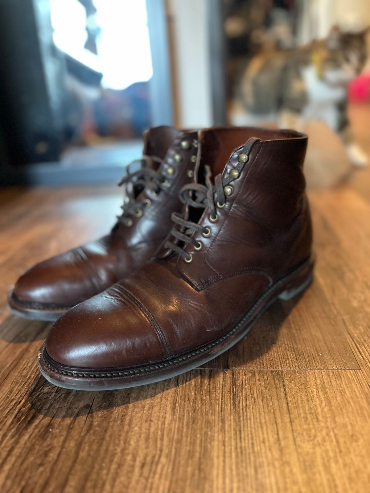 Photo by _cryptid_jack on November 1, 2023 of the Grant Stone Cap Toe Boot in Horween Crimson Chromexcel.