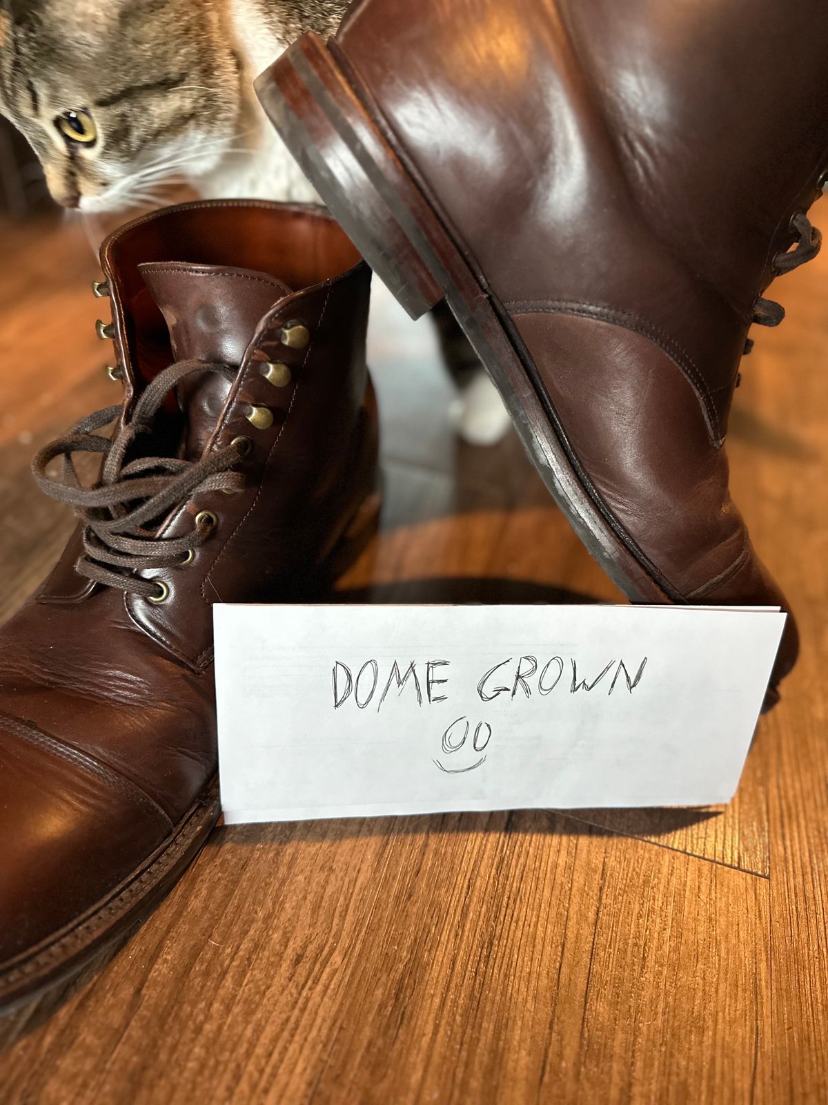 Photo by _cryptid_jack on November 1, 2023 of the Grant Stone Cap Toe Boot in Horween Crimson Chromexcel.