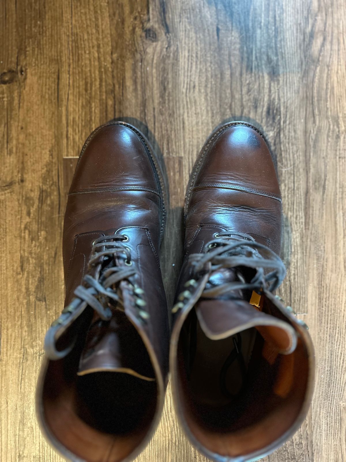 Photo by _cryptid_jack on November 1, 2023 of the Grant Stone Cap Toe Boot in Horween Crimson Chromexcel.