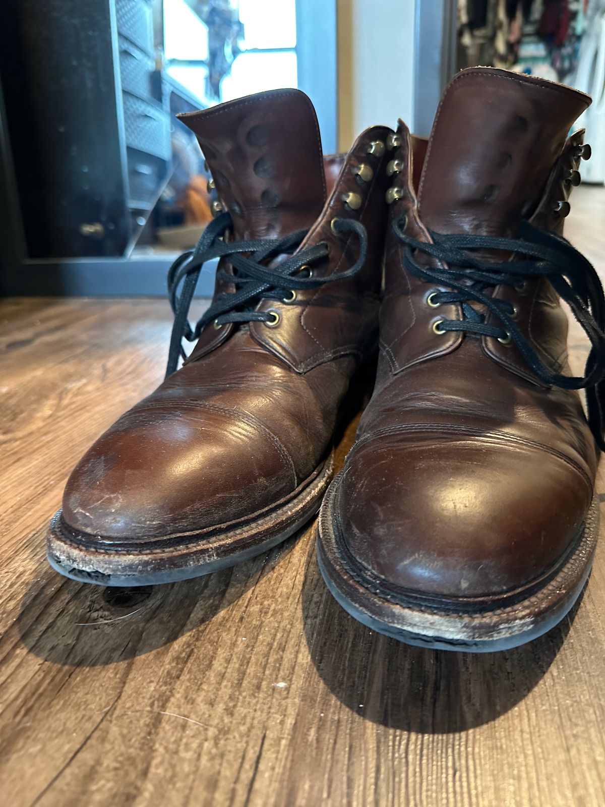 Photo by _cryptid_jack on December 1, 2023 of the Grant Stone Cap Toe Boot in Horween Crimson Chromexcel.
