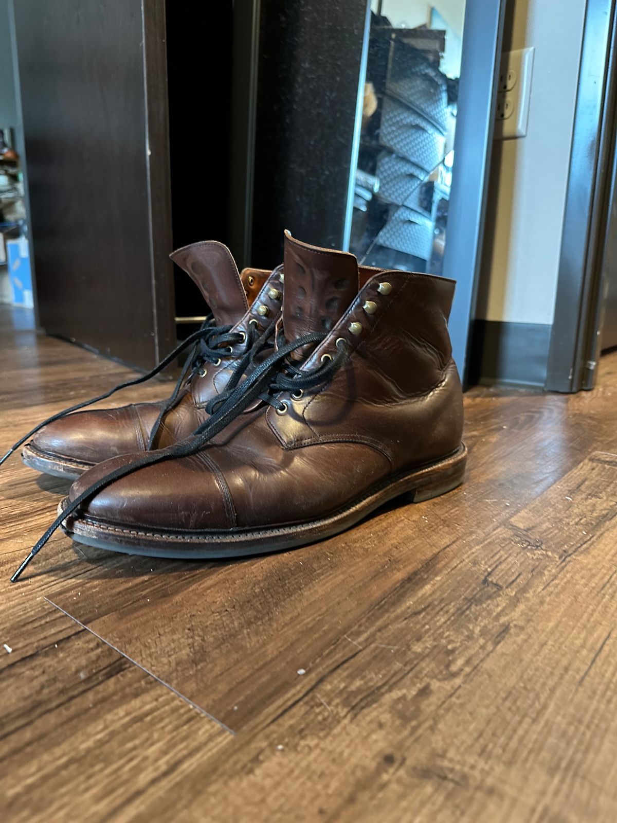 Photo by _cryptid_jack on December 1, 2023 of the Grant Stone Cap Toe Boot in Horween Crimson Chromexcel.