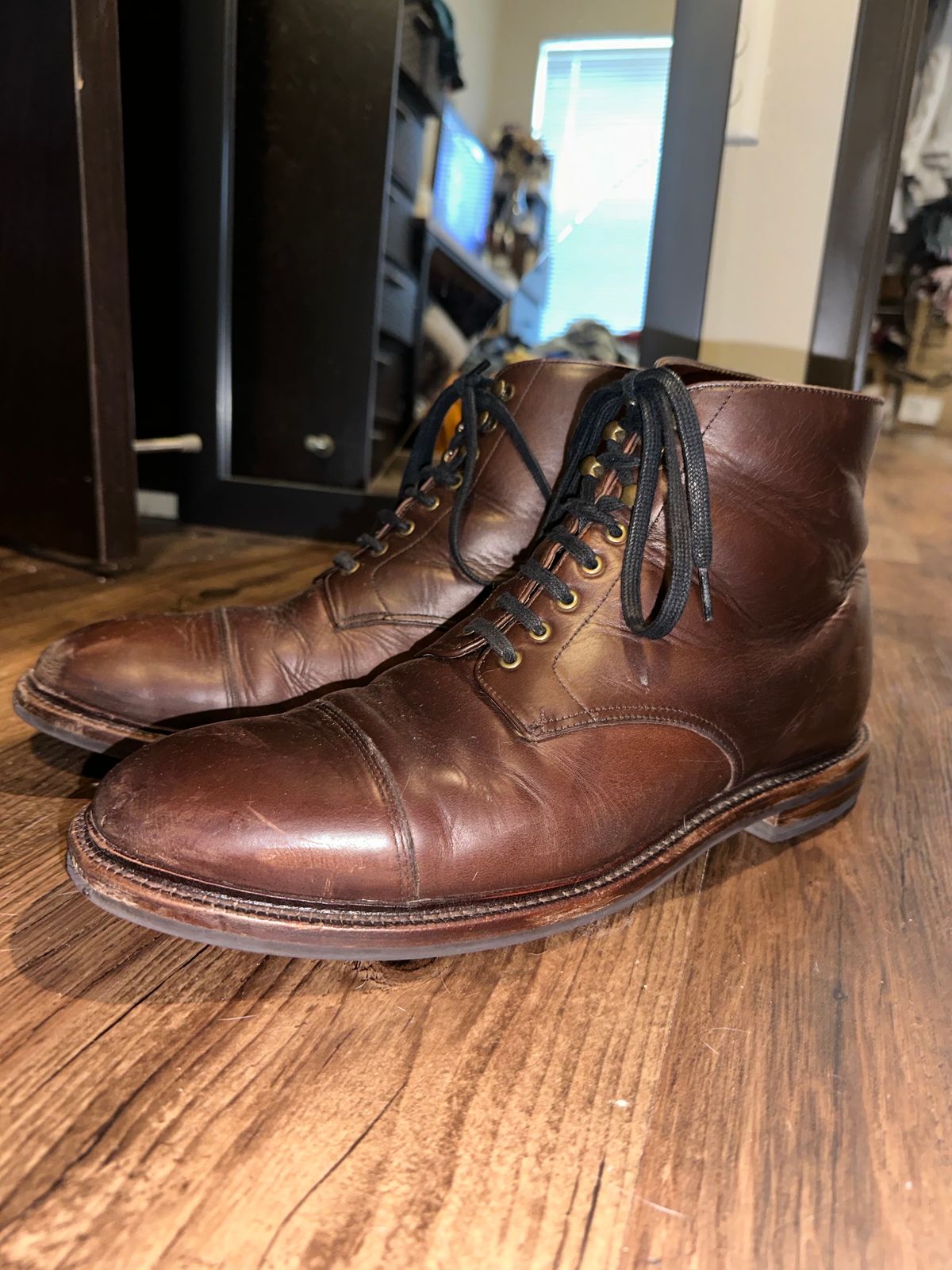 Photo by _cryptid_jack on January 2, 2024 of the Grant Stone Cap Toe Boot in Horween Crimson Chromexcel.