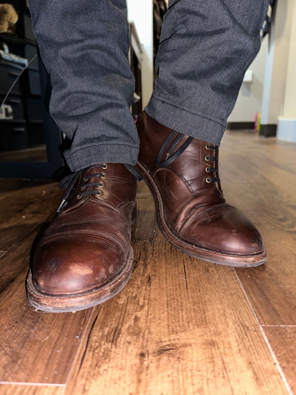 Photo by _cryptid_jack on February 1, 2024 of the Grant Stone Cap Toe Boot in Horween Crimson Chromexcel.