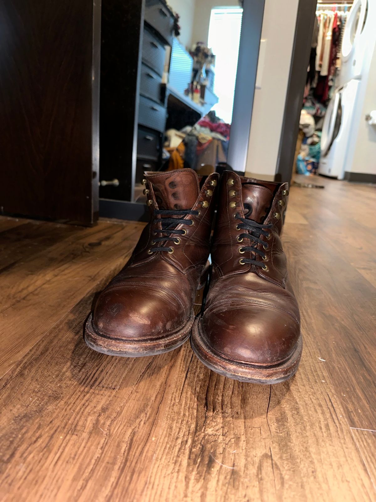 Photo by _cryptid_jack on February 1, 2024 of the Grant Stone Cap Toe Boot in Horween Crimson Chromexcel.