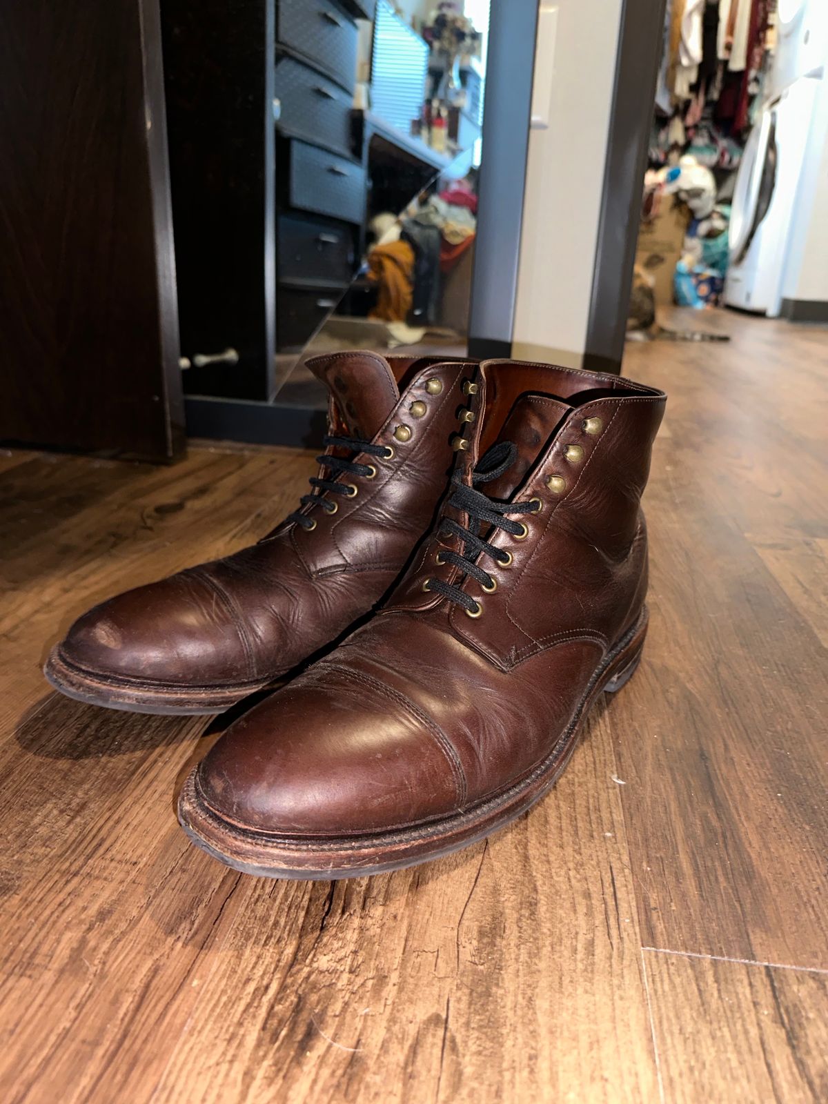 Photo by _cryptid_jack on February 1, 2024 of the Grant Stone Cap Toe Boot in Horween Crimson Chromexcel.