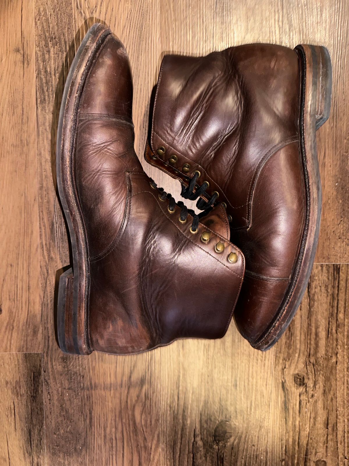 Photo by _cryptid_jack on February 1, 2024 of the Grant Stone Cap Toe Boot in Horween Crimson Chromexcel.