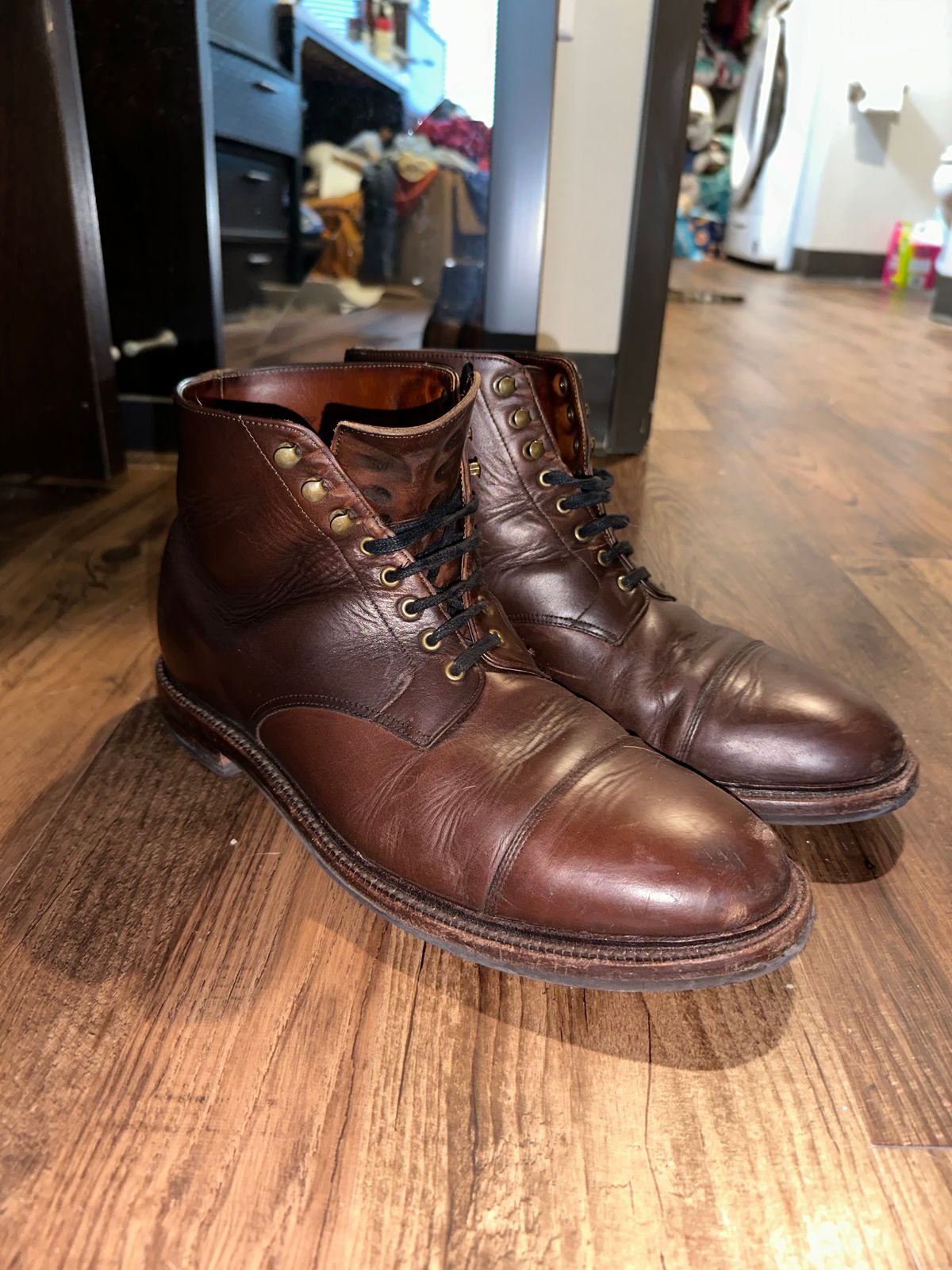 Photo by _cryptid_jack on February 1, 2024 of the Grant Stone Cap Toe Boot in Horween Crimson Chromexcel.