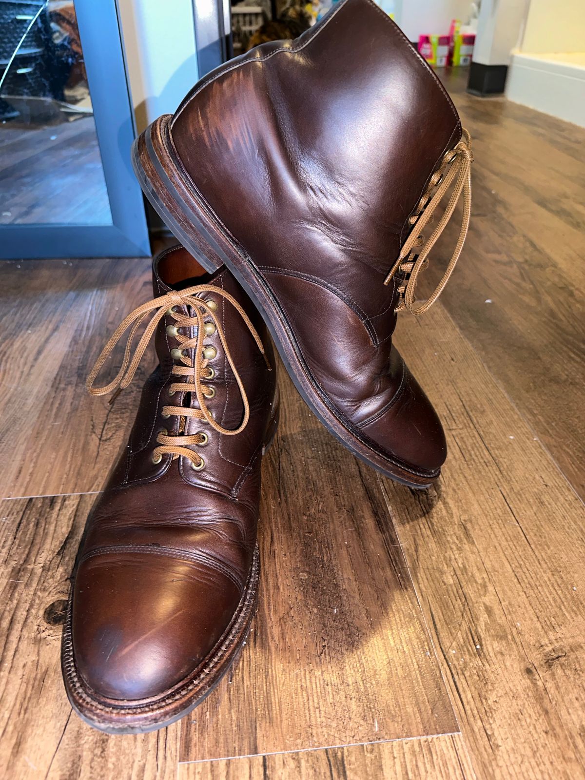 Photo by _cryptid_jack on March 1, 2024 of the Grant Stone Cap Toe Boot in Horween Crimson Chromexcel.