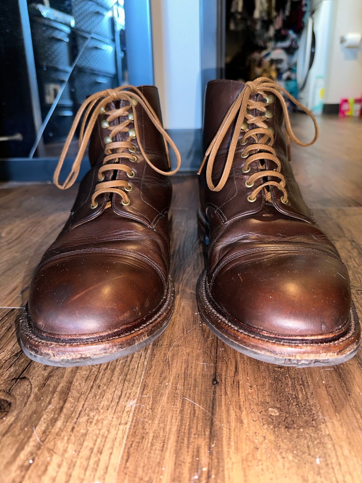 Photo by _cryptid_jack on March 1, 2024 of the Grant Stone Cap Toe Boot in Horween Crimson Chromexcel.