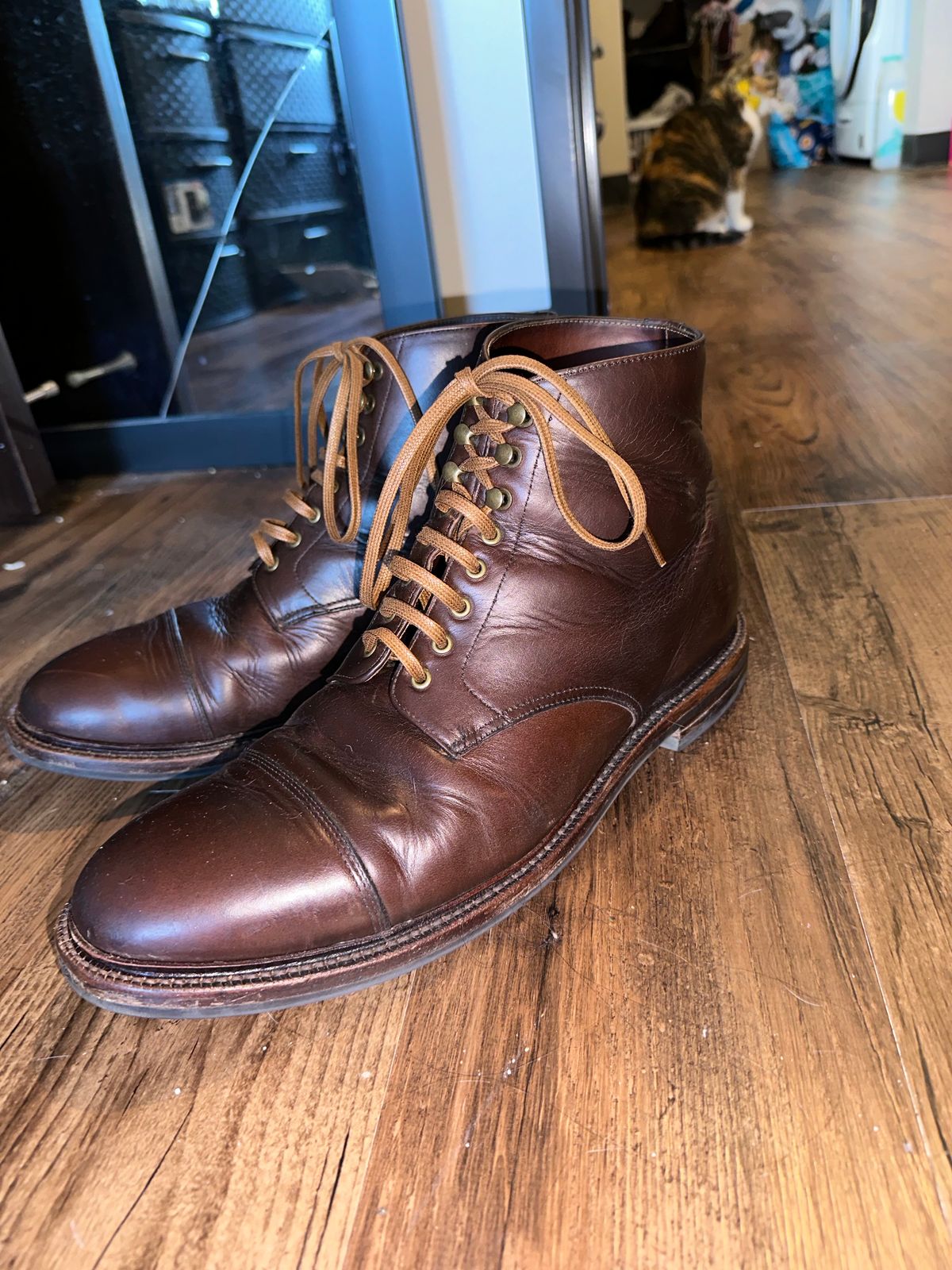 Photo by _cryptid_jack on March 1, 2024 of the Grant Stone Cap Toe Boot in Horween Crimson Chromexcel.