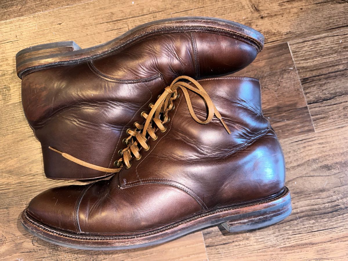 Photo by _cryptid_jack on March 1, 2024 of the Grant Stone Cap Toe Boot in Horween Crimson Chromexcel.