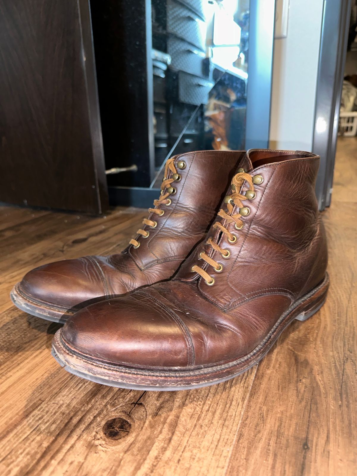 Photo by _cryptid_jack on April 1, 2024 of the Grant Stone Cap Toe Boot in Horween Crimson Chromexcel.