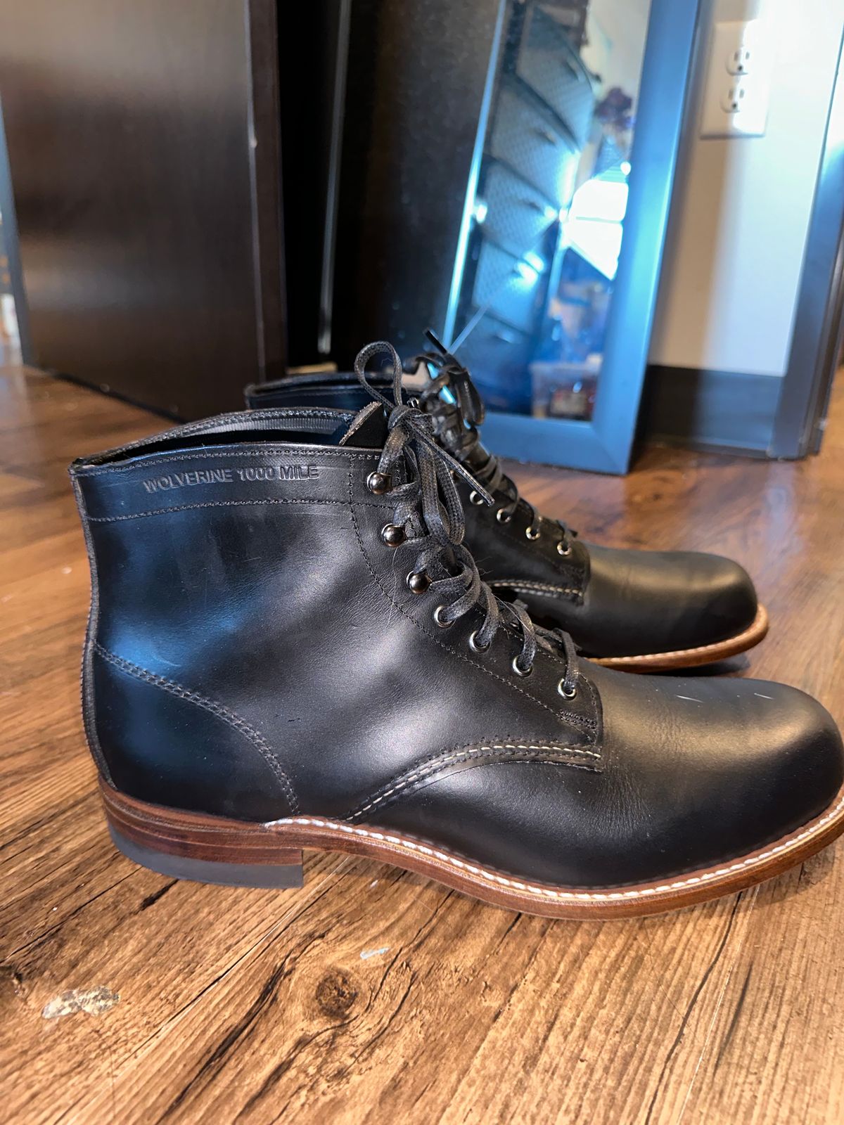 Photo by _cryptid_jack on September 25, 2024 of the Wolverine 1000 Mile Plain-Toe Boot in Horween Black Chromexcel.