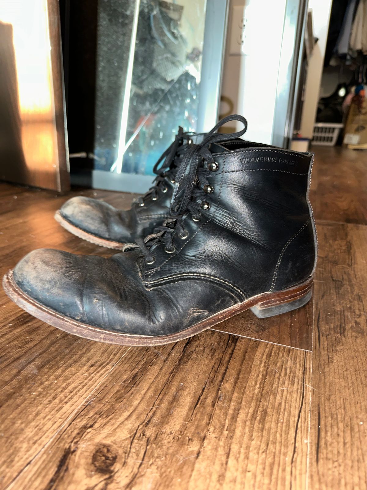 Photo by _cryptid_jack on March 31, 2025 of the Wolverine 1000 Mile Plain-Toe Boot in Horween Black Chromexcel.