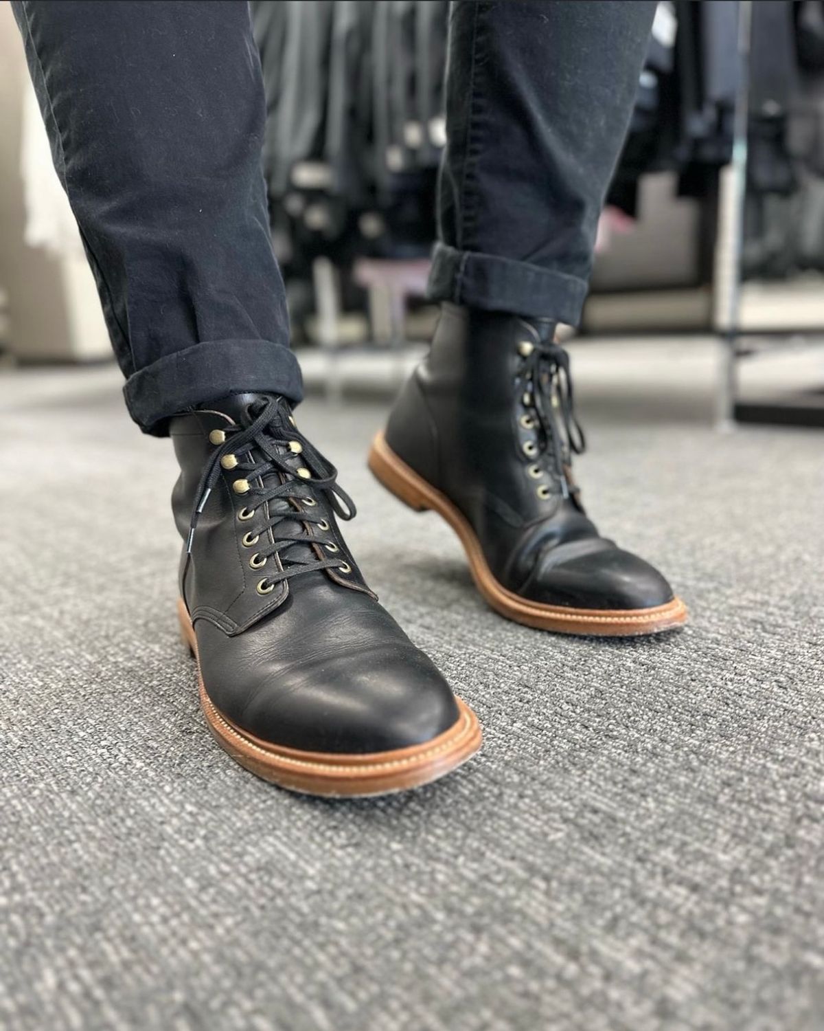 Photo by _cryptid_jack on May 23, 2023 of the Grant Stone Diesel Boot in Horween Black Chromexcel.