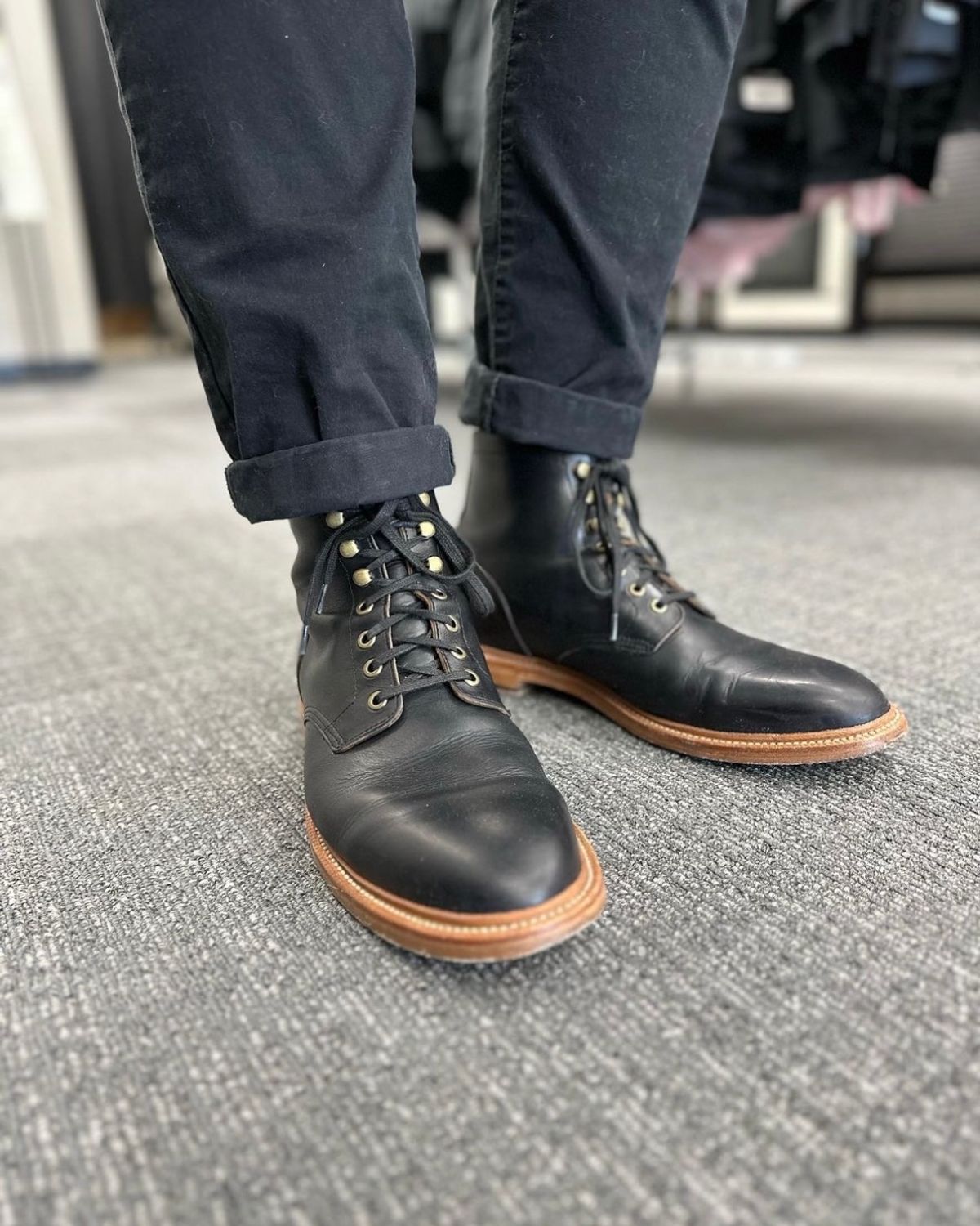 Photo by _cryptid_jack on May 23, 2023 of the Grant Stone Diesel Boot in Horween Black Chromexcel.