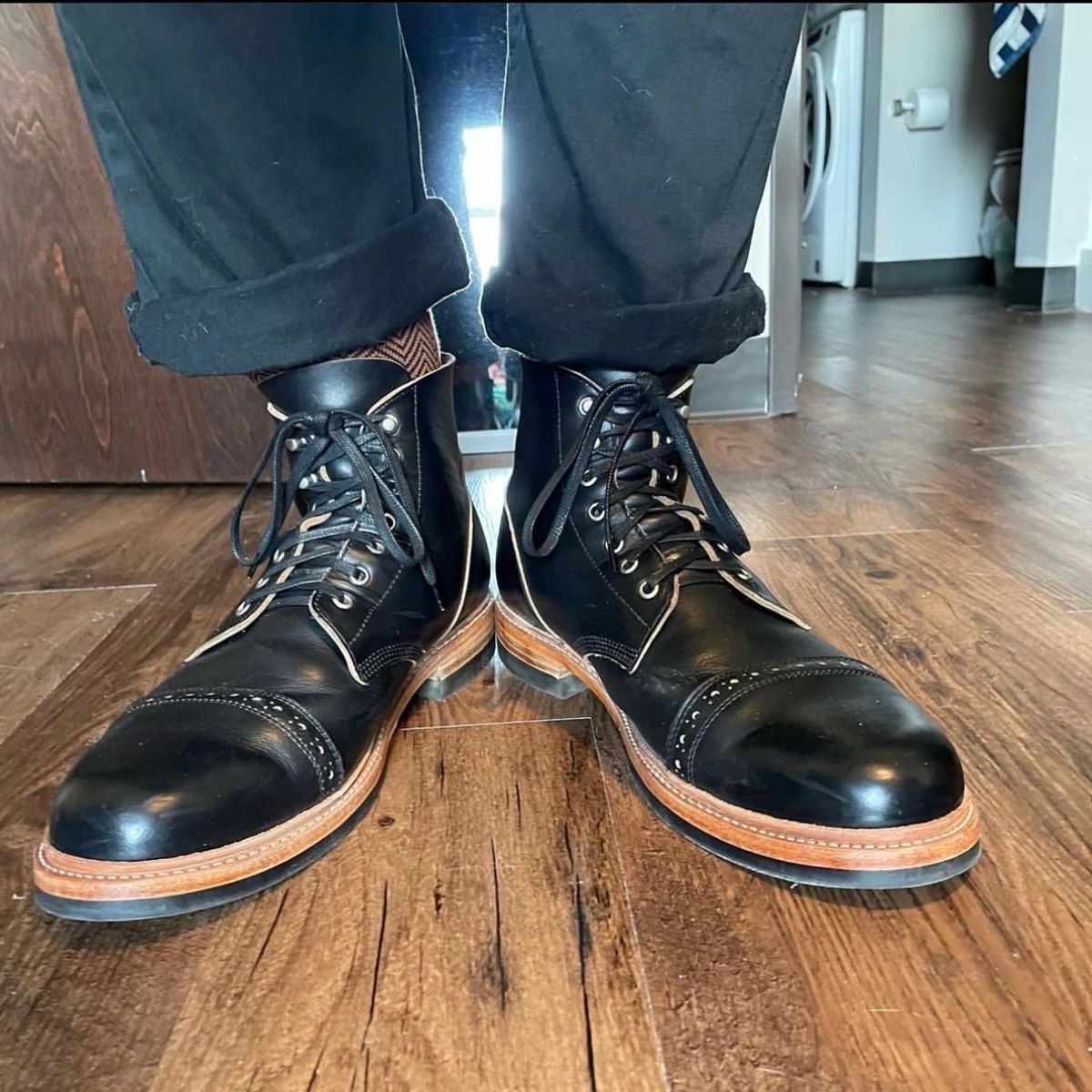 Photo by _cryptid_jack on July 28, 2022 of the Oak Street Bootmakers Field Boot in Horween Black Teacore Chromexcel.