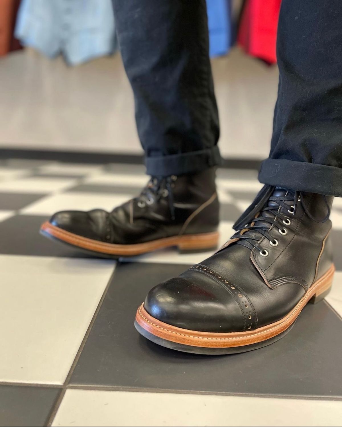 Photo by _cryptid_jack on November 22, 2022 of the Oak Street Bootmakers Field Boot in Horween Black Teacore Chromexcel.